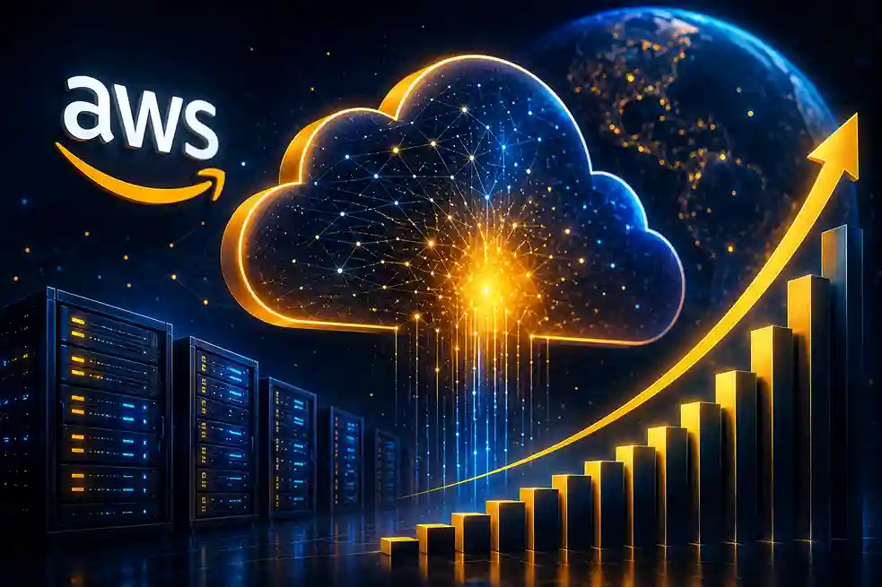 AWS AI revenue growth chart next to Amazon Bedrock interface and AWS Trainium chips, illustrating the tension between booming AI demand and rising capital expenditure