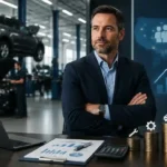 Confident Fixed Operations Manager standing with arms crossed in a modern automotive dealership service department, with technicians working on cars in the background and financial charts, coin stacks, and growth graphics in the foreground.
