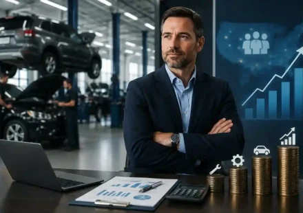 Confident Fixed Operations Manager standing with arms crossed in a modern automotive dealership service department, with technicians working on cars in the background and financial charts, coin stacks, and growth graphics in the foreground.