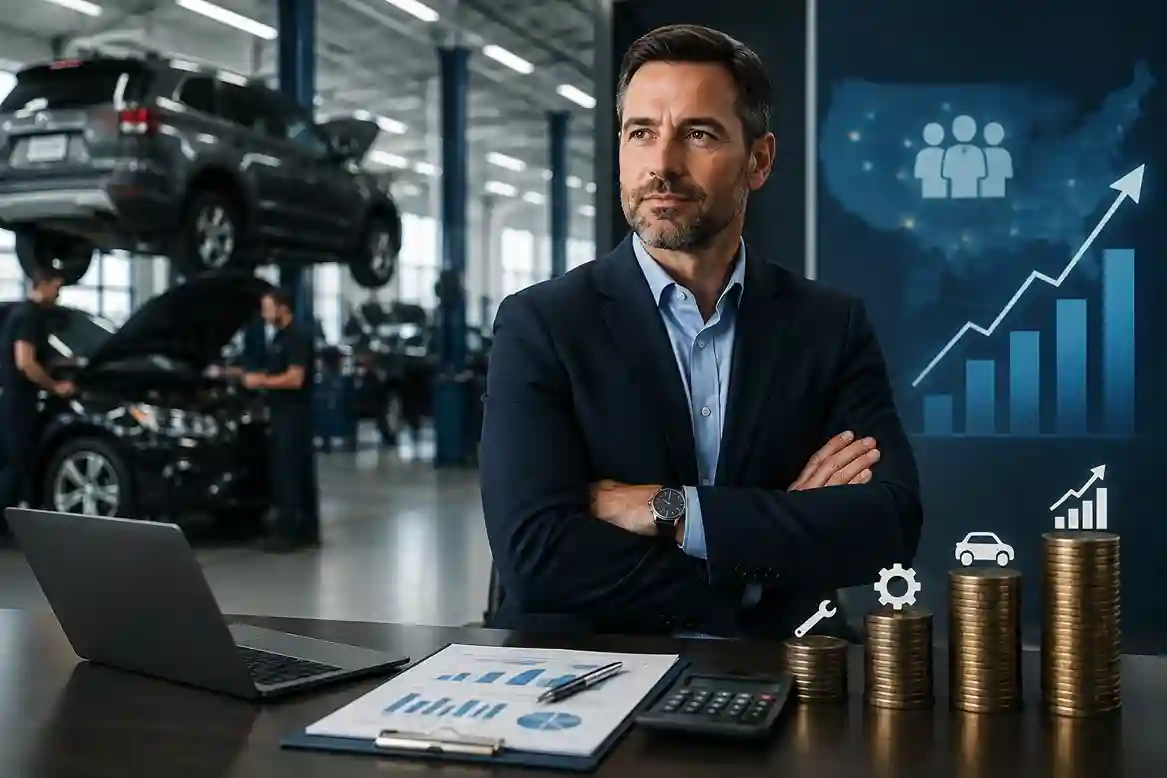 Confident Fixed Operations Manager standing with arms crossed in a modern automotive dealership service department, with technicians working on cars in the background and financial charts, coin stacks, and growth graphics in the foreground.