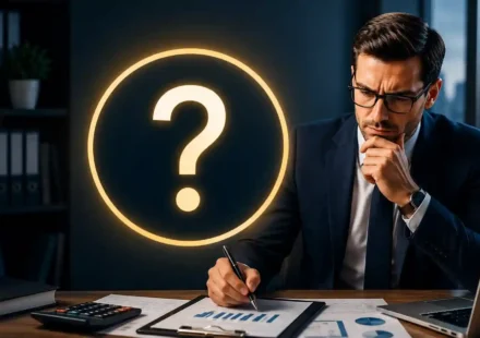 Senior Tax Manager reviewing tax documents and financial reports with a question mark