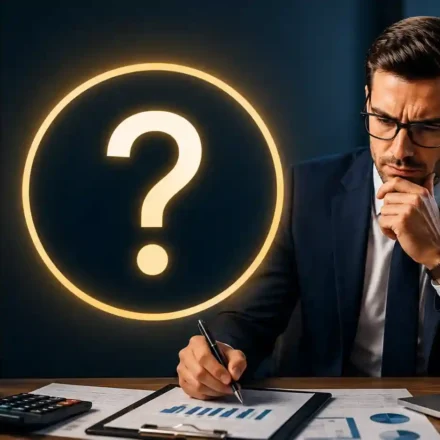 Senior Tax Manager reviewing tax documents and financial reports with a question mark