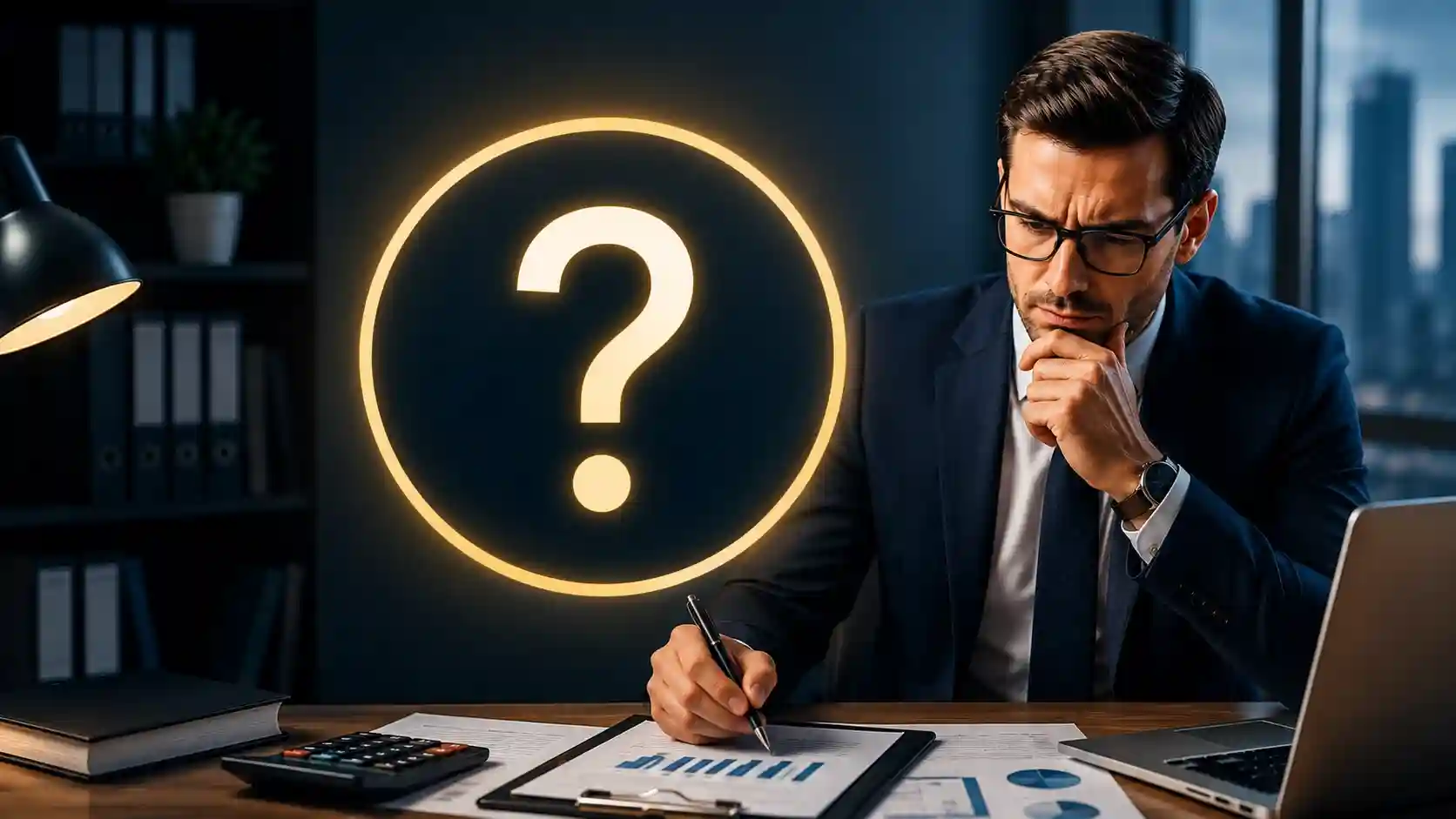 Senior Tax Manager reviewing tax documents and financial reports with a question mark