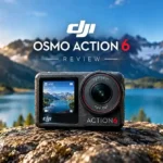 DJI Osmo Action 6 action camera with a wide-angle lens displayed on a rock beside a mountain lake, with snowy peaks in the background.