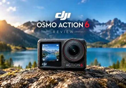 DJI Osmo Action 6 action camera with a wide-angle lens displayed on a rock beside a mountain lake, with snowy peaks in the background.