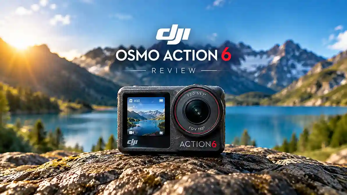 DJI Osmo Action 6 action camera with a wide-angle lens displayed on a rock beside a mountain lake, with snowy peaks in the background.