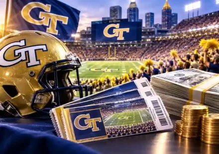 Bobby Dodd Stadium during the Georgia Tech&ndash;Colorado sellout, illustrating the split between ticket revenue and TECH Fund contributions.