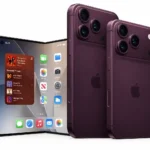 Apple iPhone Duo foldable smartphone shown open and closed in a dark purple finish