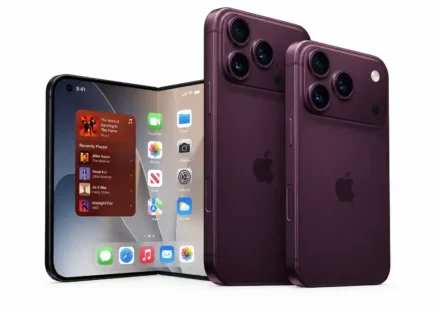 Apple iPhone Duo foldable smartphone shown open and closed in a dark purple finish