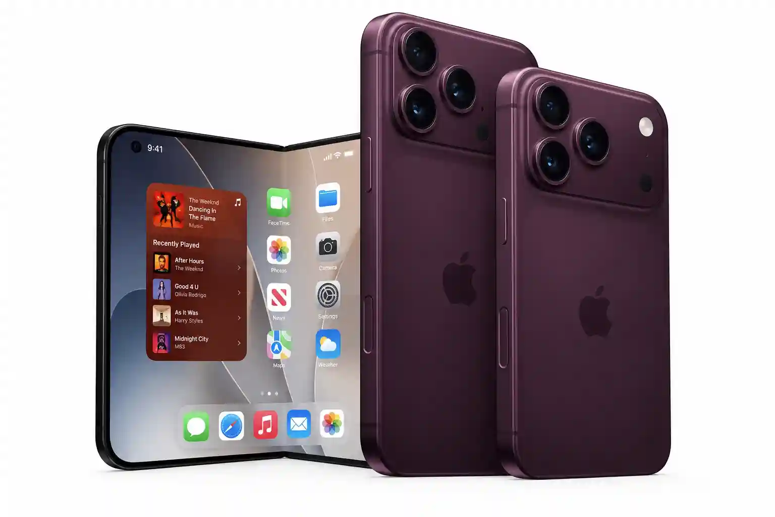 Apple iPhone Duo foldable smartphone shown open and closed in a dark purple finish